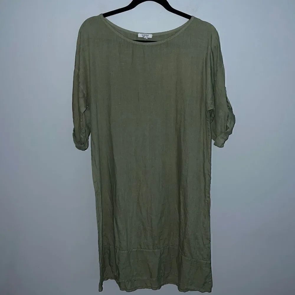 Made in Italy women size Small midi olive green  dress 100% linen Lagenlook